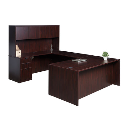 Boss 66 Inch Executive U-Shape Desk with File Storage Pedestal and Hutch