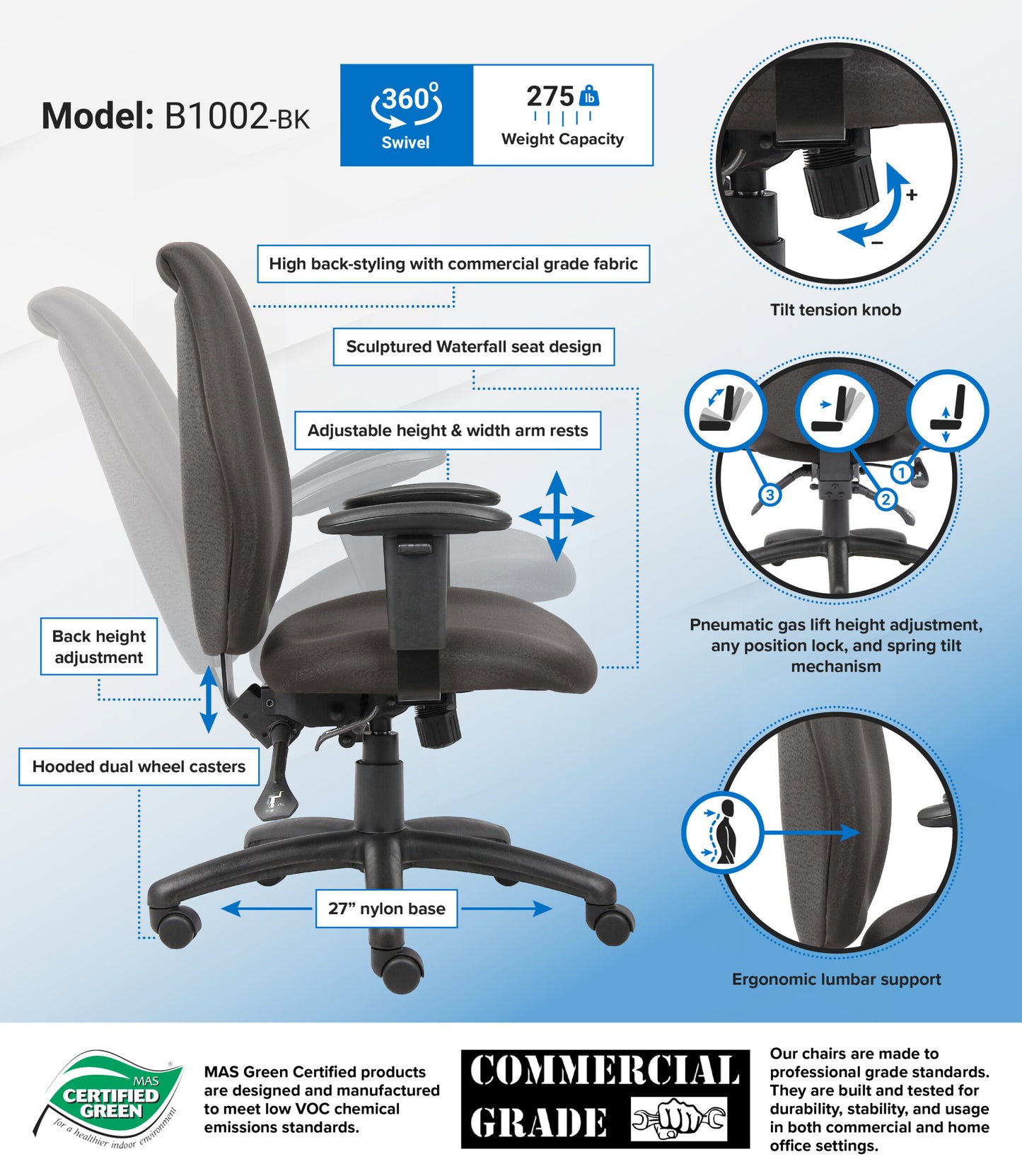 Boss High-Back Task Chair with Adjustable Arms, Black