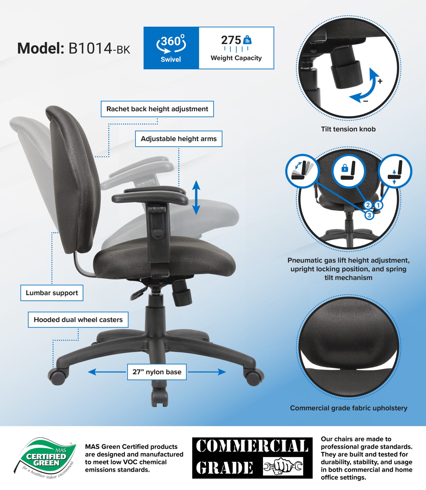 Boss Mid-Back Task Chair with Adjustable Arms, Black