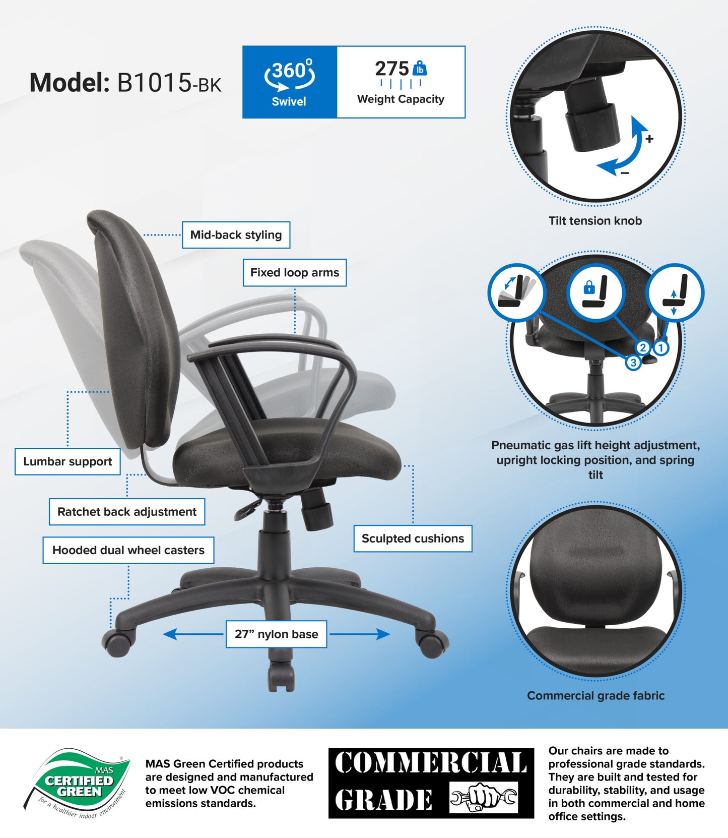 Boss Black Task Chair W/Loop Arms