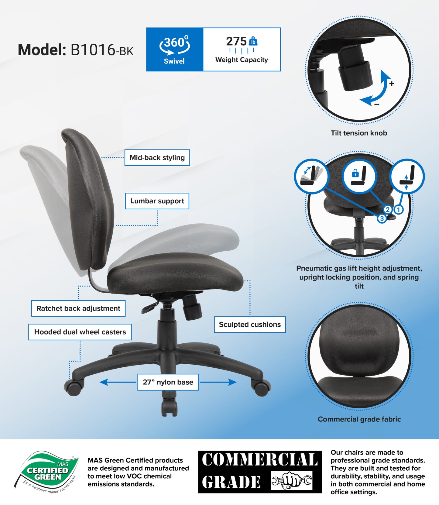 Boss Mid-Back Task Office Chair without Arms, Black