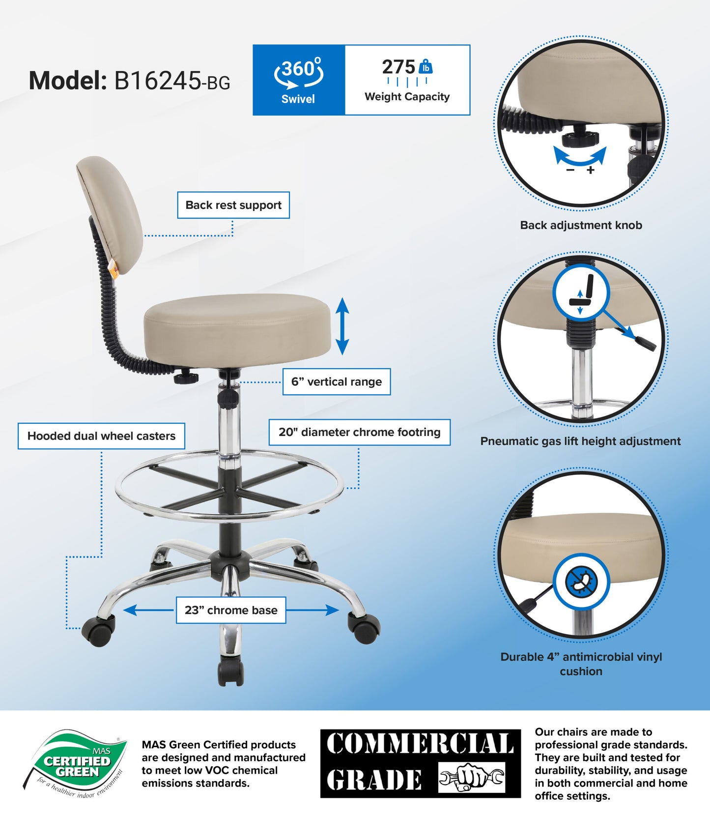 Boss Be Well Medical Spa Professional Adjustable Drafting Stool with Back and Removable Foot Rest Beige