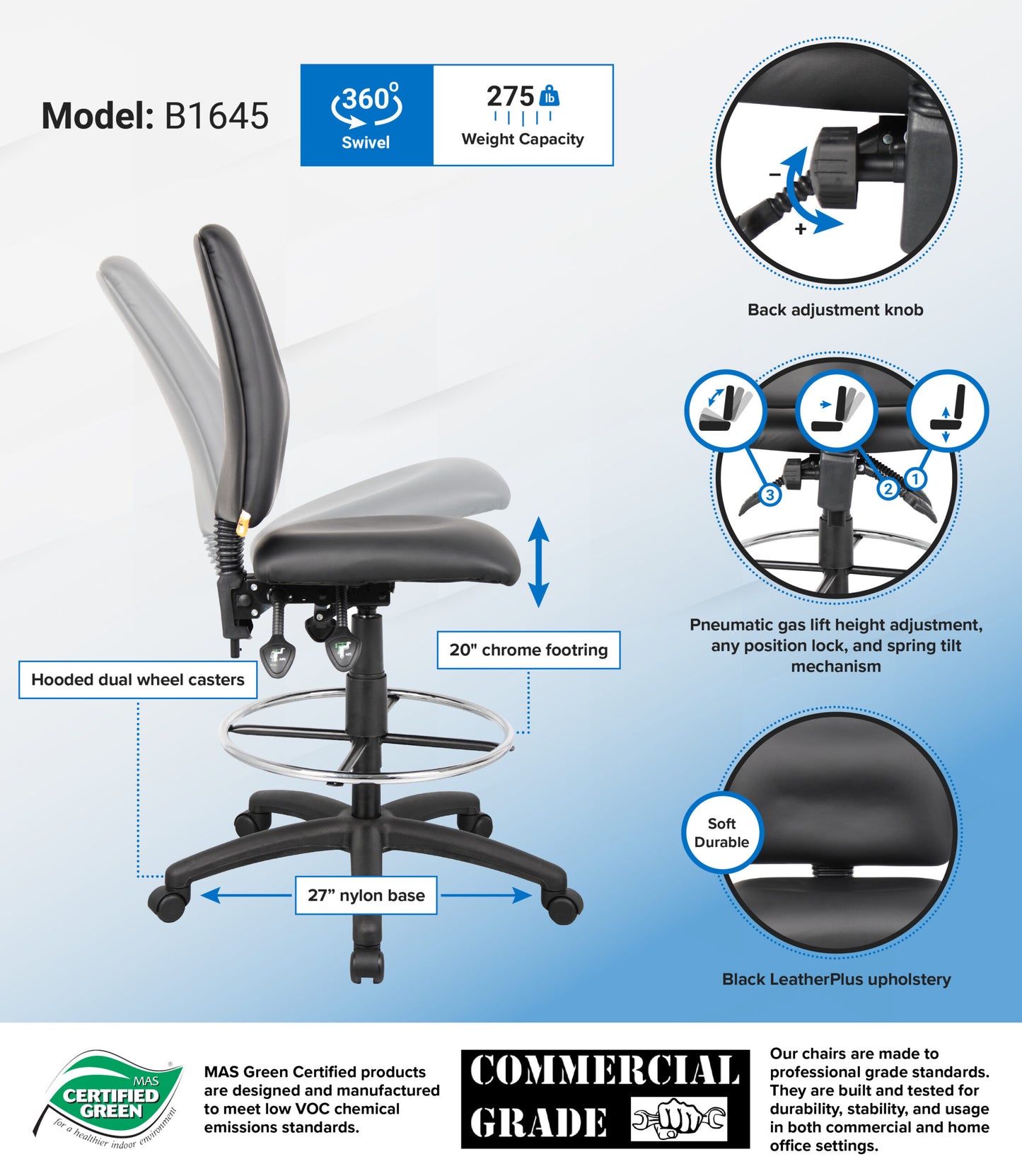 Boss Multi-Function LeatherPlus Drafting Stool