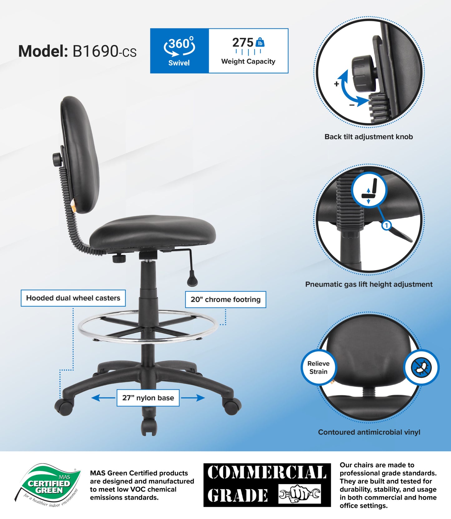 Boss Stand Up Drafting Stool with Foot Rest Black Antimicrobial Vinyl