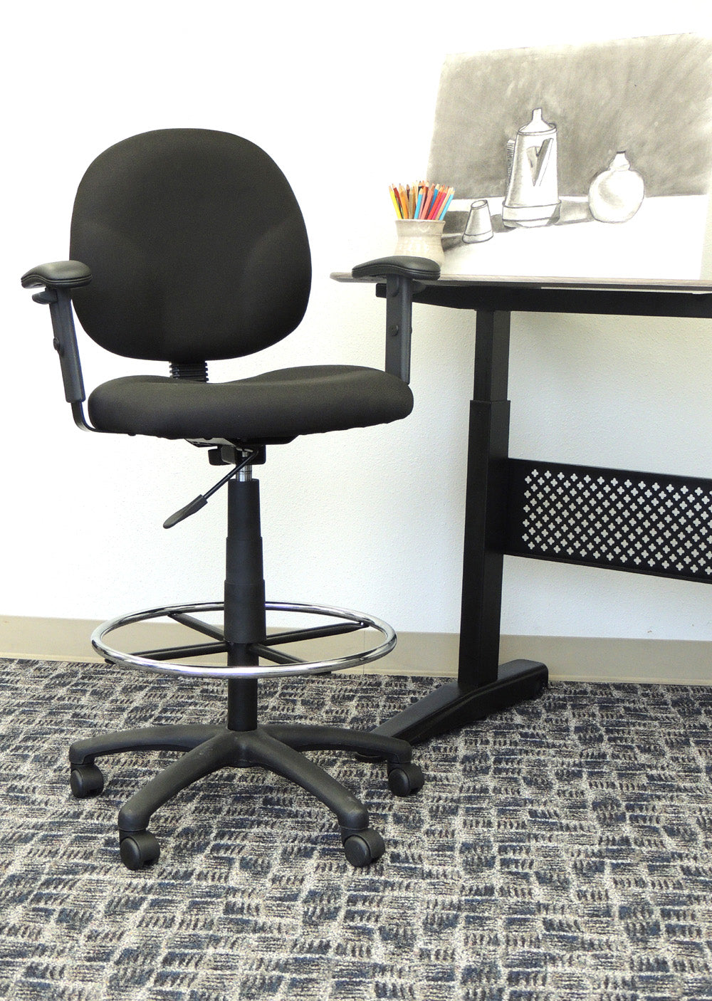 Boss Stand Up Fabric Drafting Stool with Foot Rest, Black