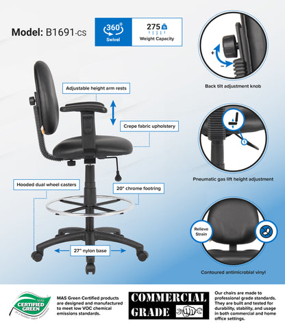 Boss Stand Up Drafting Stool with Foot Rest Black Antimicrobial Vinyl