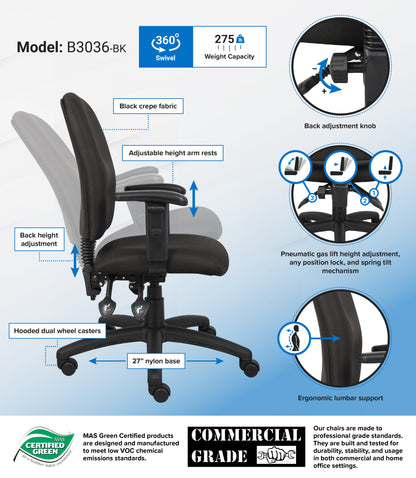 Boss Multi-Function Fabric Task Chair W/ Adjustable Arms