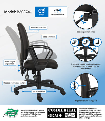 Boss Multi-Function Fabric Task Chair W/Loop Arms