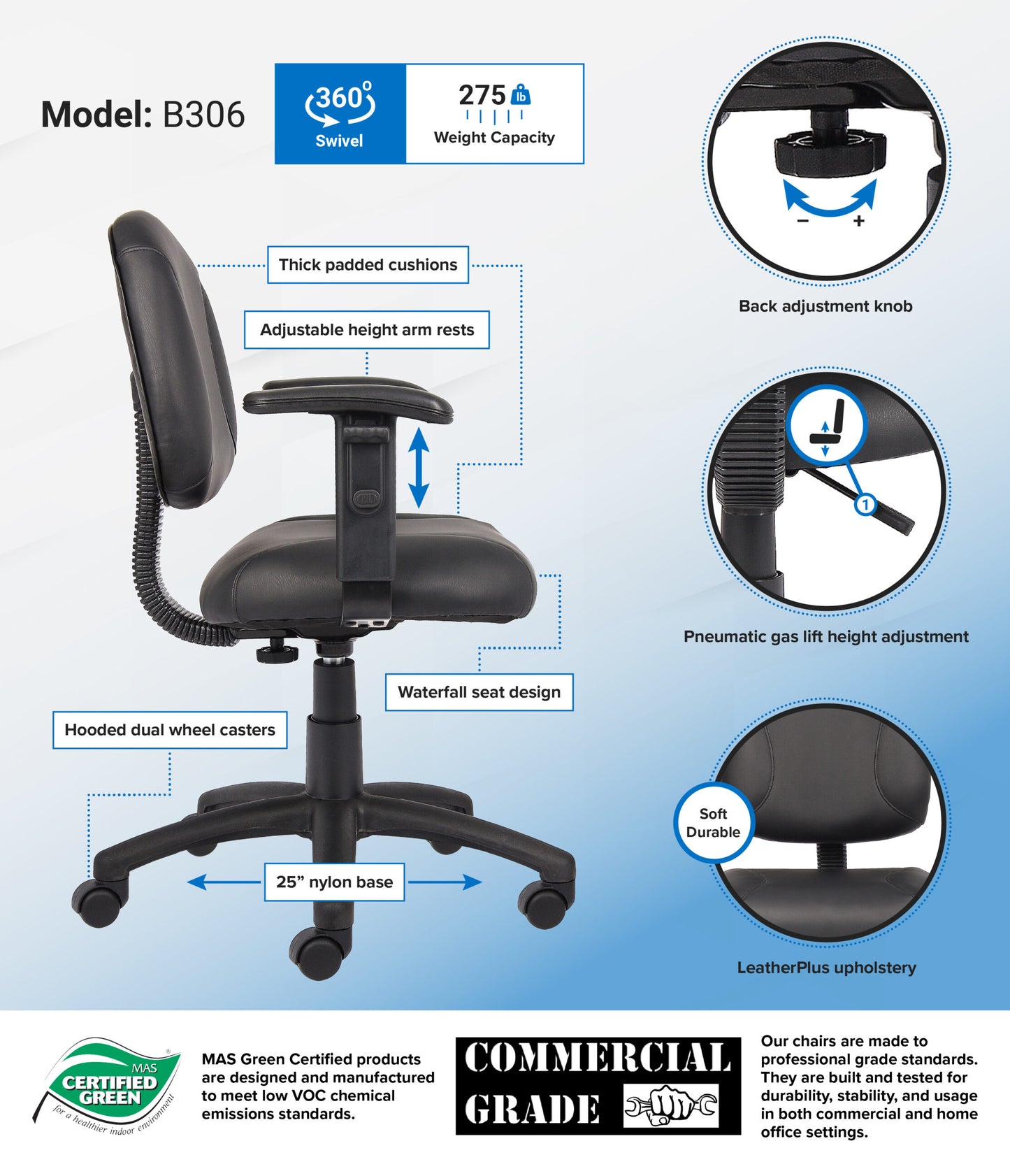 Boss Black Posture Chair W/ Adjustable Arms