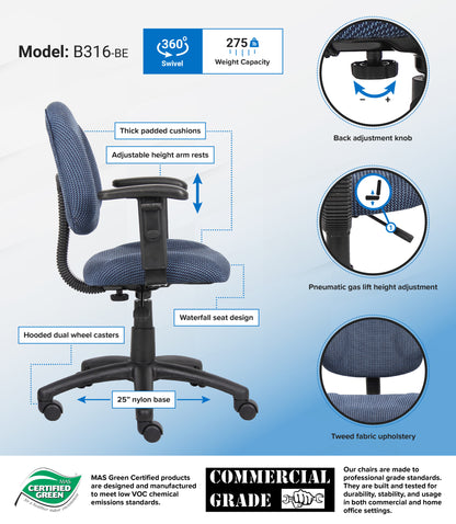 Boss Perfect Posture Deluxe Office Task Chair with Adjustable Arms, Blue