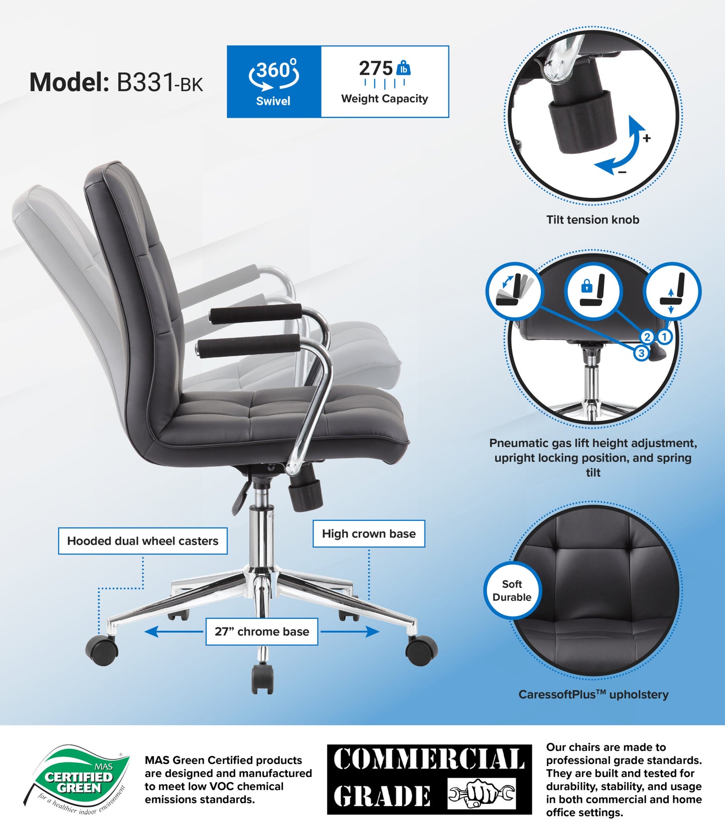 Modern Office Chair w/Chrome Arms-Black