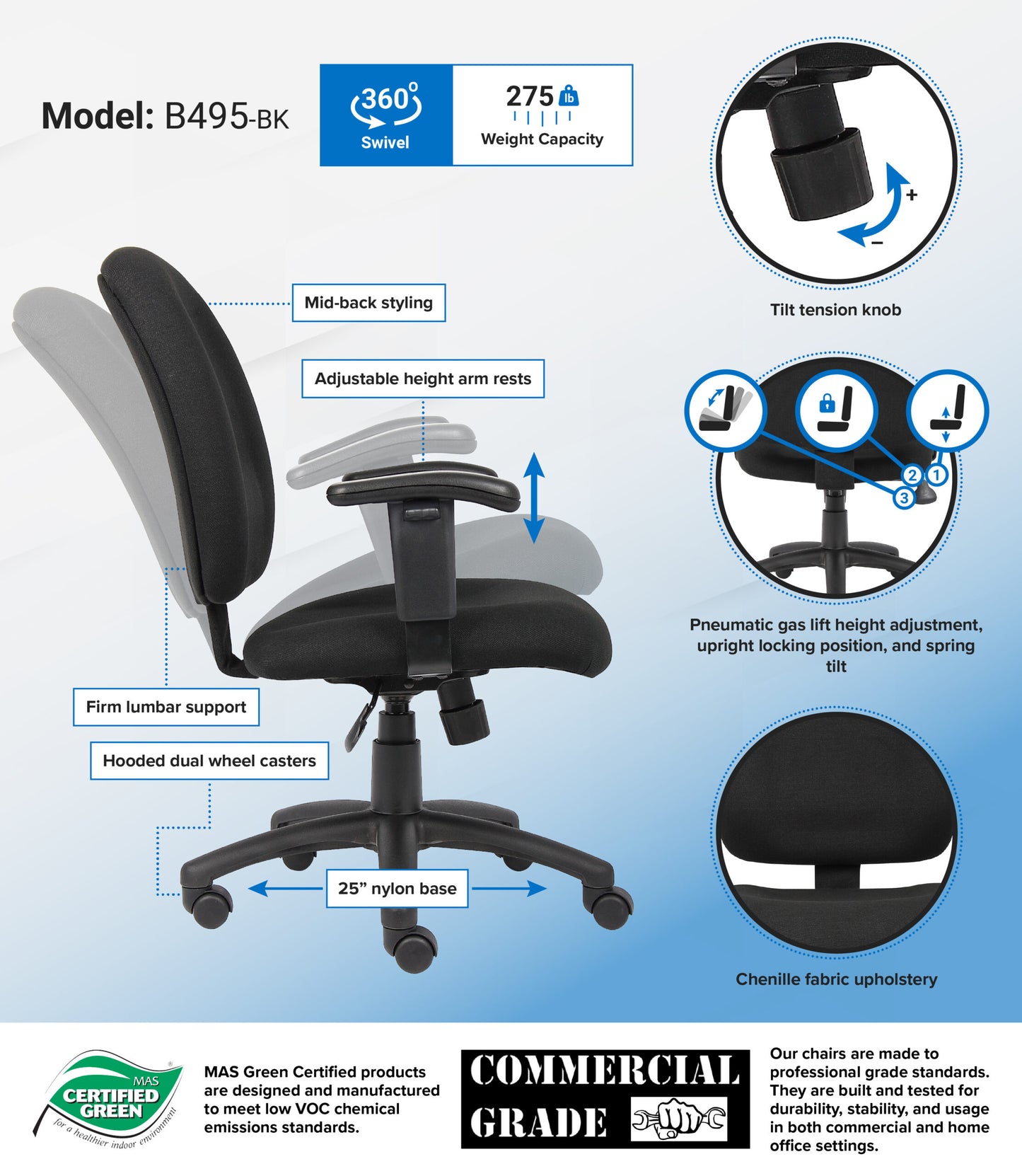 Boss Black Fabric Task Chair W/ Adjustable Arms