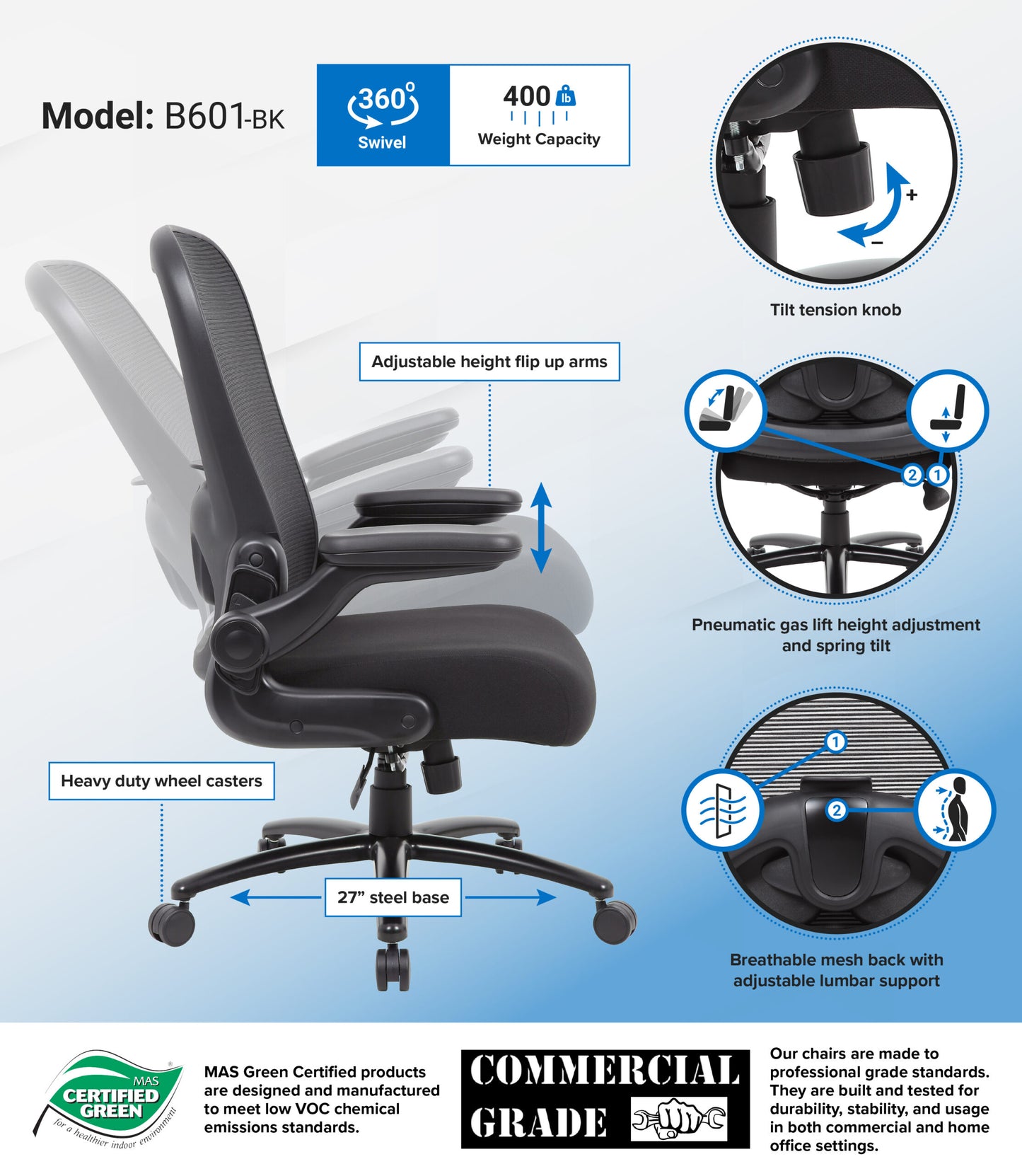 Boss Heavy Duty Flip Arm Mesh Task Chair