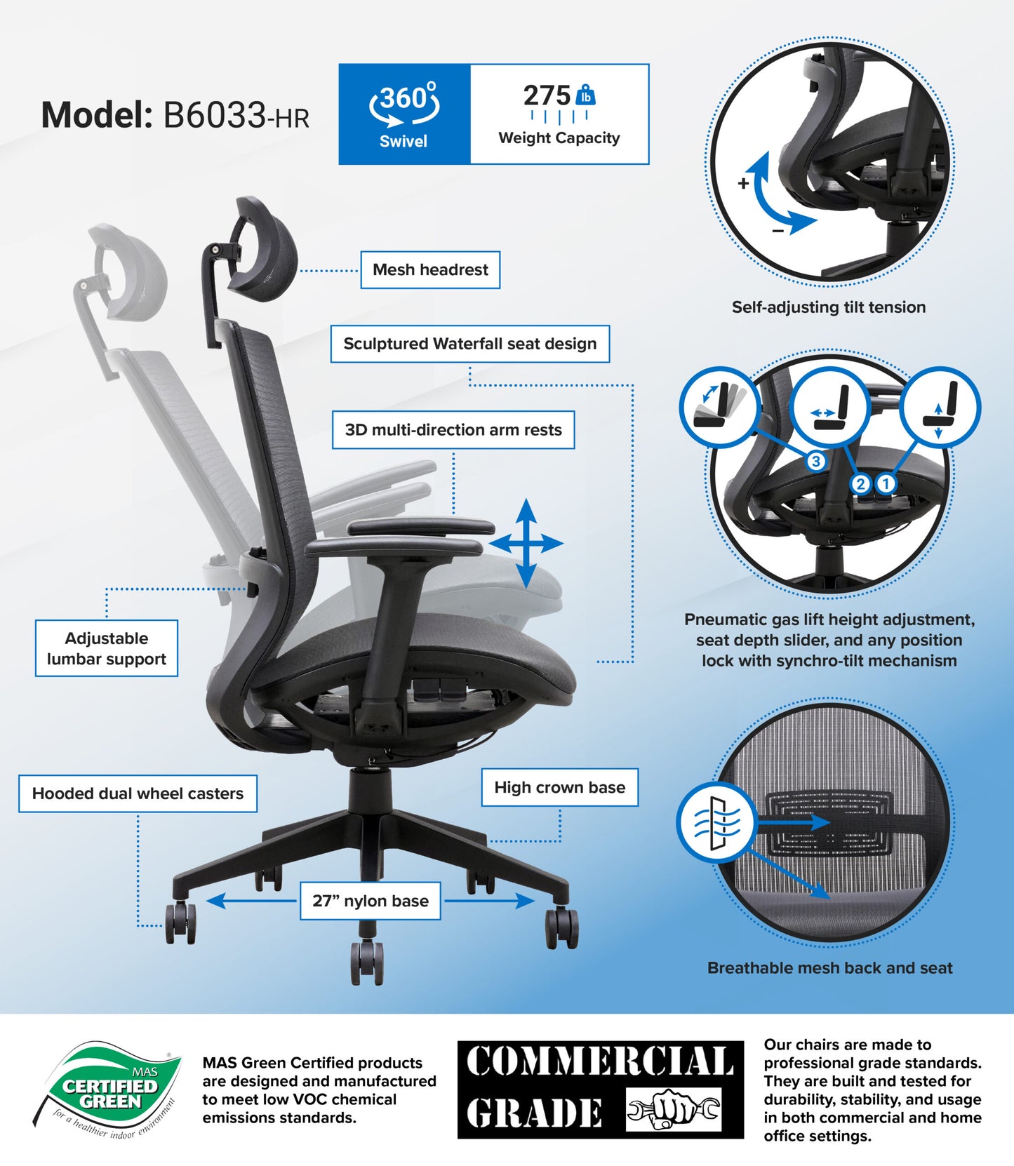 Boss Mesh Chair, “The Breeze” w/ Headrest