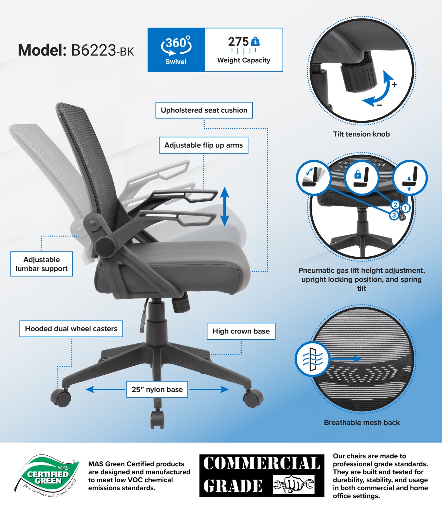 Boss Black Flip Arm Mesh Task Chair