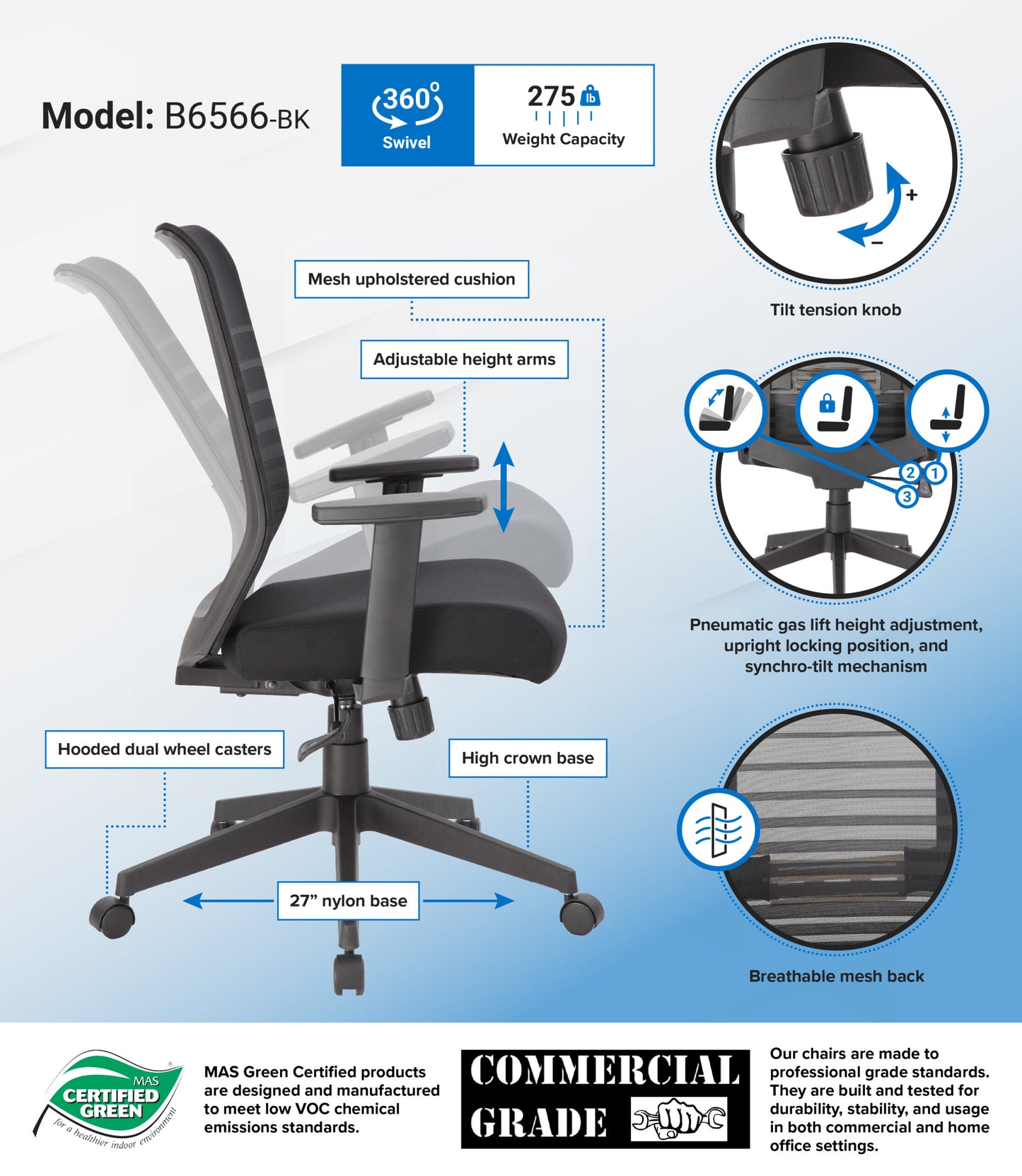 Boss Horizontal Mesh Back Task Chair, Synchro-Tilt Mechanism