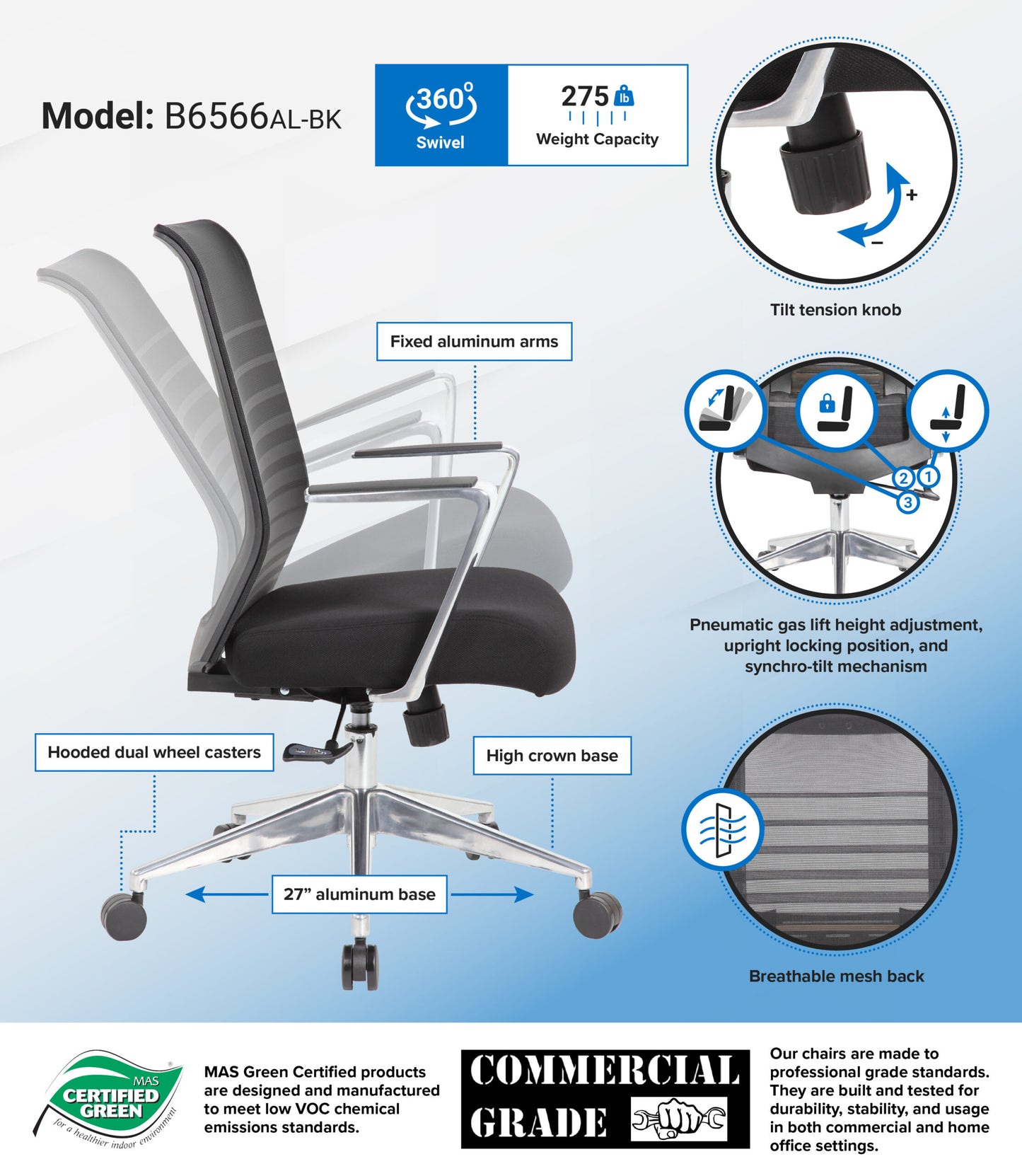 Boss Horizontal Mesh Back Task Chair, Aluminum Arms/Base