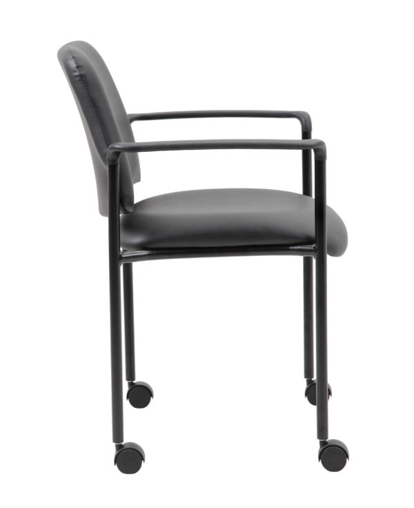 Boss Square Back Diamond Stacking Chair W/Arm and Casters In Black Caressoft Vinyl