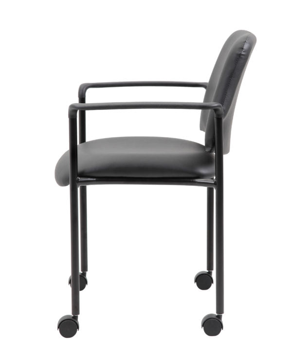 Boss Square Back Diamond Stacking Chair W/Arm and Casters In Black Caressoft Vinyl