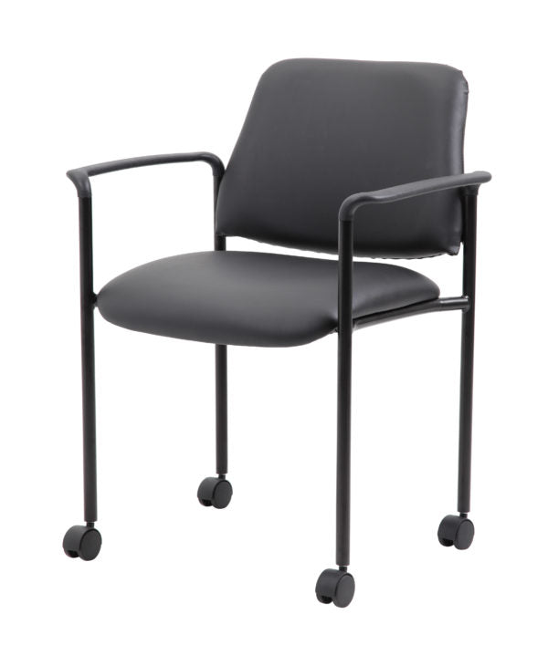 Boss Square Back Diamond Stacking Chair W/Arm and Casters In Black Caressoft Vinyl