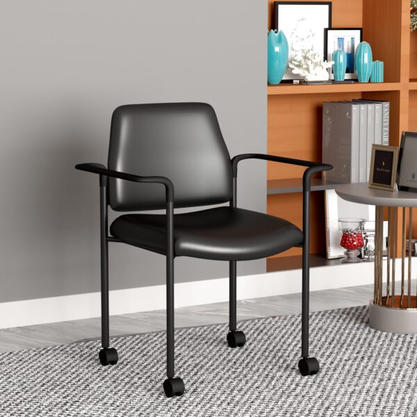 Boss Square Back Diamond Stacking Chair W/Arm and Casters In Black Caressoft Vinyl