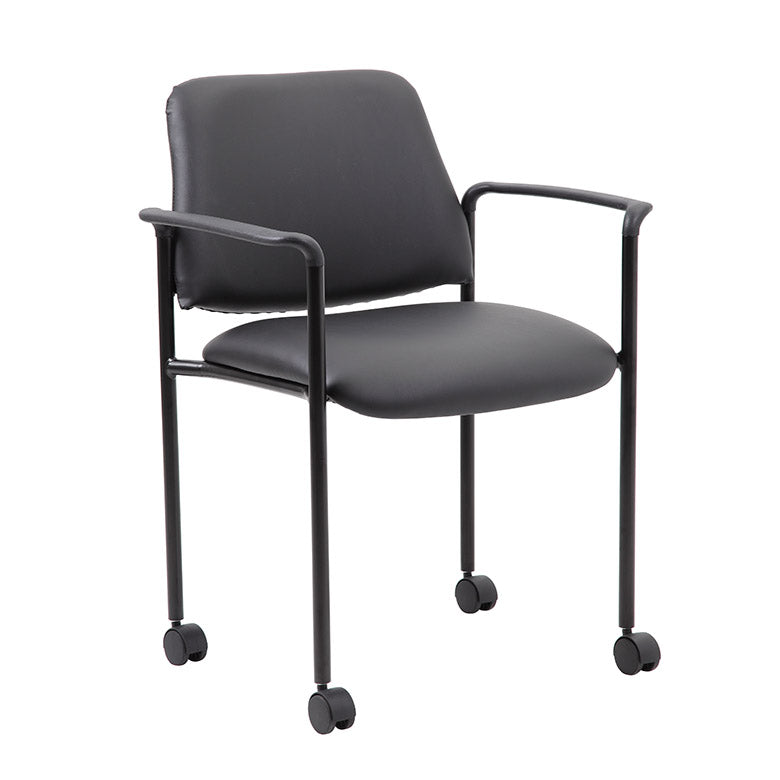 Boss Square Back Diamond Stacking Chair W/Arm and Casters In Black Caressoft Vinyl