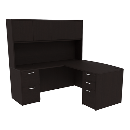 Kai Line Reversible Bow Front L-Desk with Double Full Pedestals with 4 Door Wood Hutch