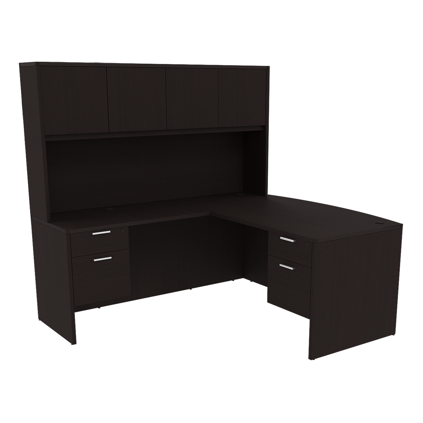 Kai Line Reversible Bow Front L-Desk with Double Suspended Pedestals with 4 Door Wood Hutch