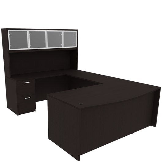 Kai Line Reversible Bow Front U-Desk with Double Full Pedestals with 4 Door Glass Hutch