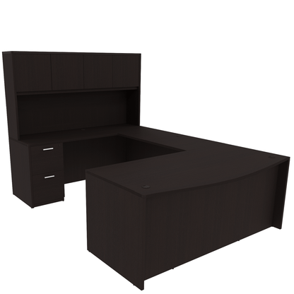 Kai Line Reversible Bow Front U-Desk with Double Full Pedestals with 4 Door Wood Hutch