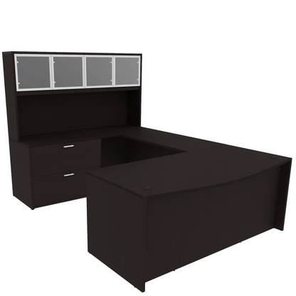 Kai Line Reversible Bow Front U-Desk with Full Pedestal, Lateral File, and 4 Door Glass Hutch