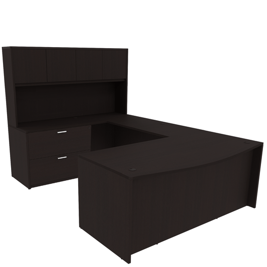 Kai Line Reversible Bow Front U-Desk with Full Pedestal, Lateral File, and 4 Door Wood Hutch