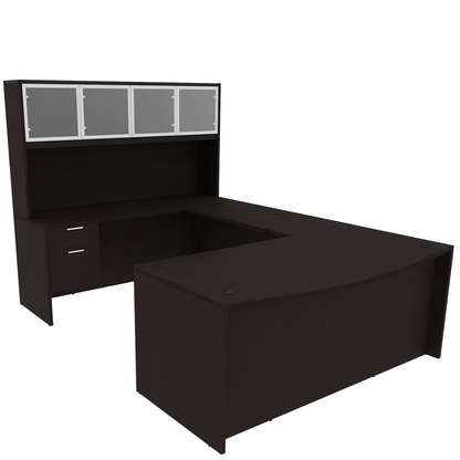 Kai Line Reversible Bow Front U-Desk with Double Suspended Pedestals with 4 Door Glass Hutch