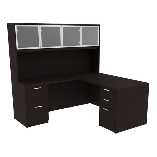 Kai Line Reversible L-Desk with Double Full Pedestals with 4 Door Glass Hutch