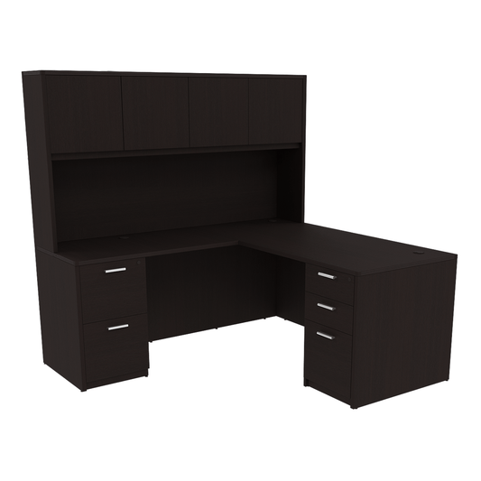 Kai Line Reversible L-Desk with Double Full Pedestals with 4 Door Wood Hutch