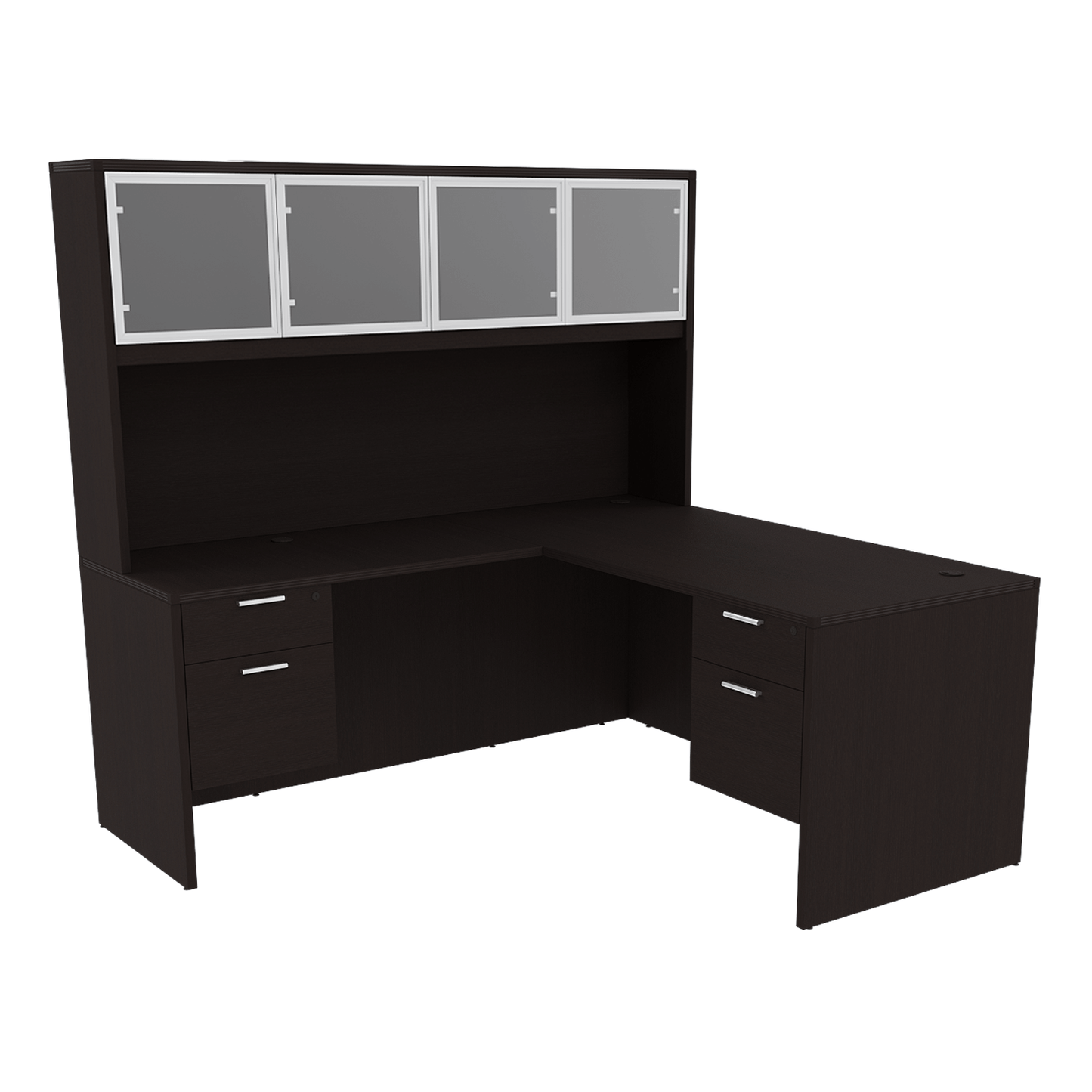 Kai Line Reversible L-Desk with Double Suspended Pedestals with 4 Door Glass Hutch