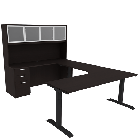 Height Adjustable Reversible U-Desk with Single Full Pedestal, 4 Door Glass Hutch and Black Base