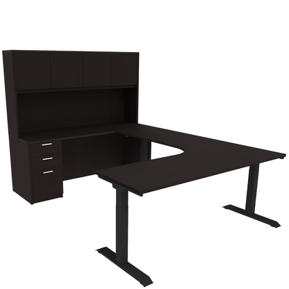 Height Adjustable Reversible U-Desk with Single Full Pedestal, 4 Door Wood Hutch and Black Base