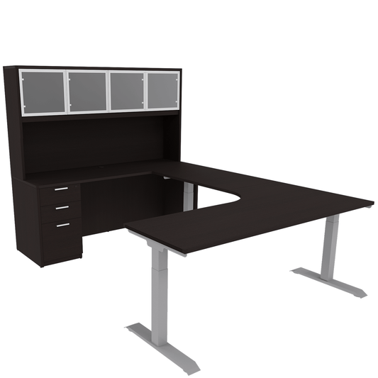 Height Adjustable Reversible U-Desk with Single Full Pedestal, 4 Door Glass Hutch and Silver Base