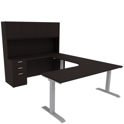 Height Adjustable Reversible U-Desk with Single Full Pedestal, 4 Door Wood Hutch and Silver Base