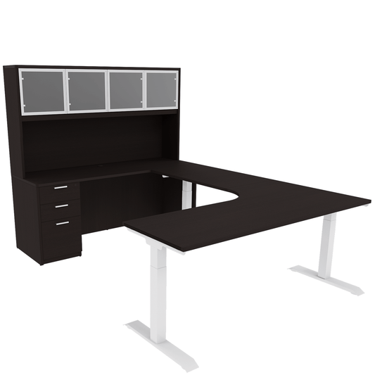 Height Adjustable Reversible U-Desk with Single Full Pedestal, 4 Door Glass Hutch and White Base