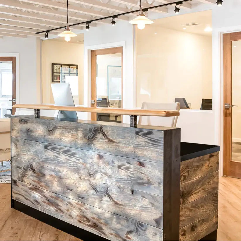 Reception Counter Solutions Memphis Reception Desk - Reclaimed Wood Reception Desk- Rustic Reception Desk