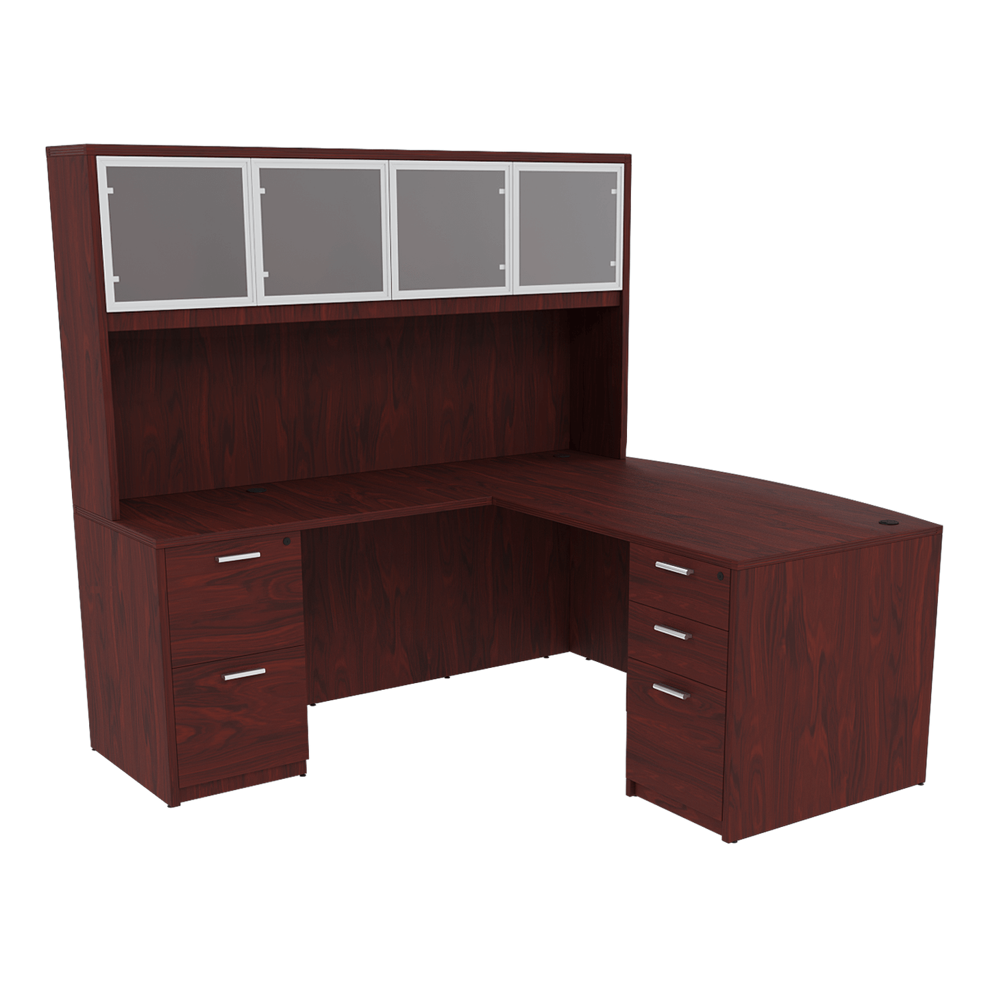 Kai Line Reversible Bow Front L-Desk with Double Full Pedestals with 4 Door Glass Hutch