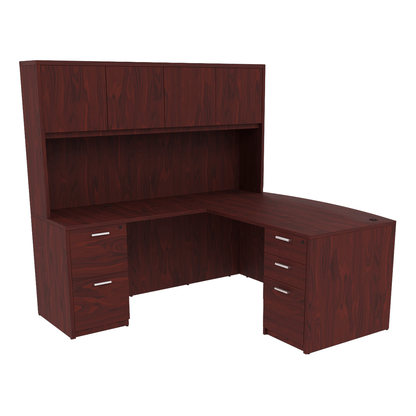 Kai Line Reversible Bow Front L-Desk with Double Full Pedestals with 4 Door Wood Hutch