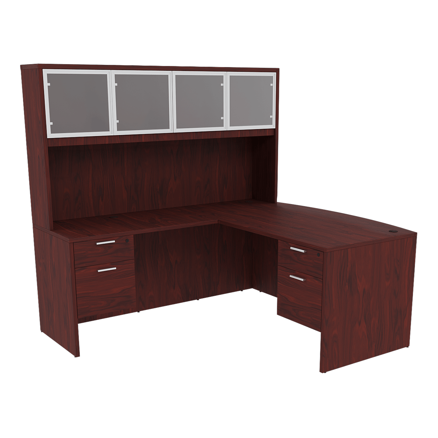 Kai Line Reversible Bow Front L-Desk with Double Suspended Pedestals with 4 Door Glass Hutch