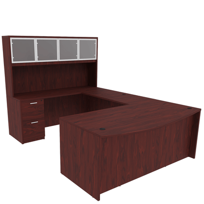 Kai Line Reversible Bow Front U-Desk with Double Full Pedestals with 4 Door Glass Hutch