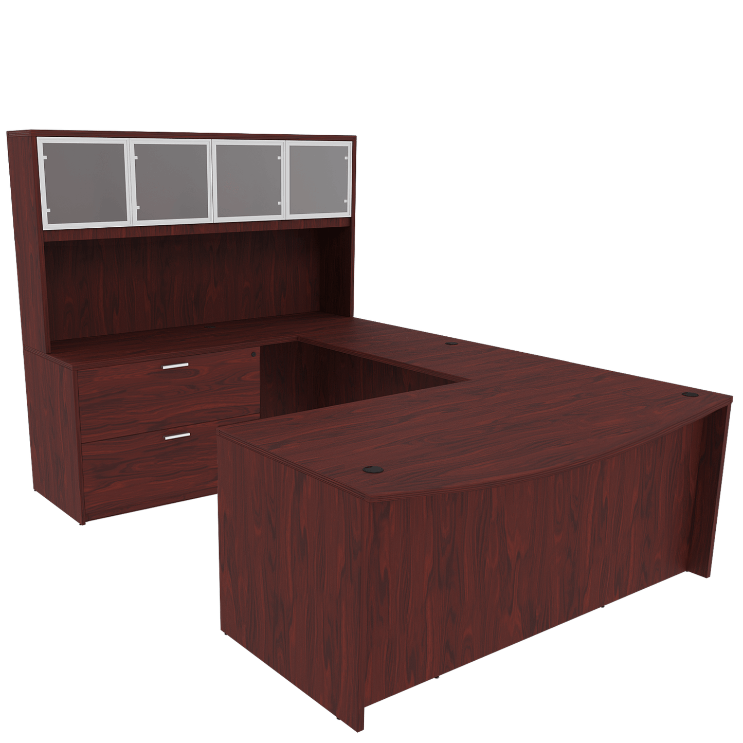 Kai Line Reversible Bow Front U-Desk with Full Pedestal, Lateral File, and 4 Door Glass Hutch