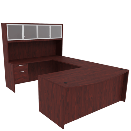 Kai Line Reversible Bow Front U-Desk with Double Suspended Pedestals with 4 Door Glass Hutch