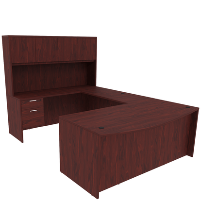 Kai Line Reversible Bow Front U-Desk with Double Suspended Pedestals with 4 Door Wood Hutch