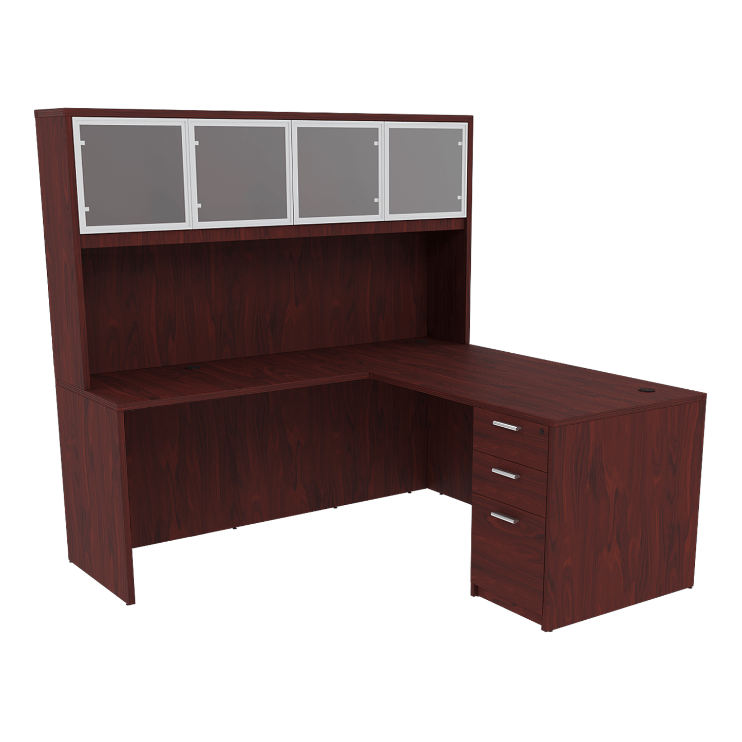 Kai Line Reversible L Shaped Desks with Single Full Pedestal with 4 Door Glass Hutch